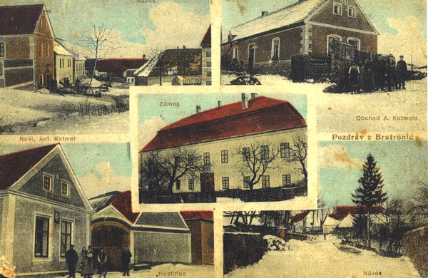 Obec Bratronice - koláž obce na historické pohlednici